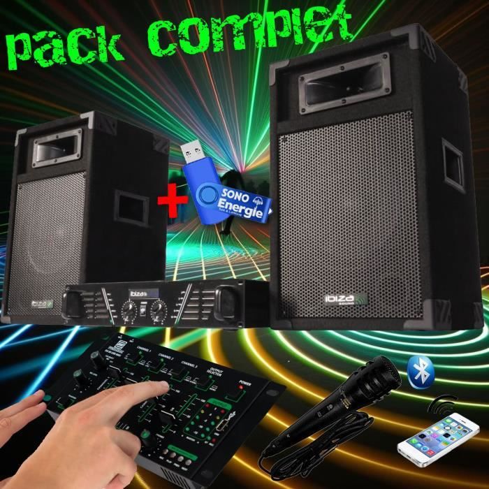 Pack sono complet ibiza DJ300 480W + table de mixage bluetooth + 2 HP + micro+ clé USB 32gigas