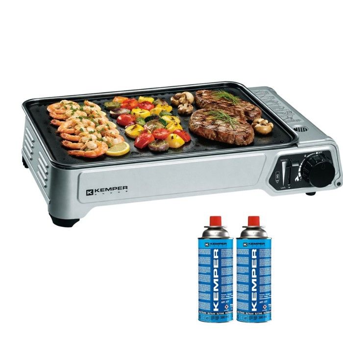 Plancha à gaz portable 2300W + 2 cartouches de gaz + Valise de transport KEMPER Plancha à gaz portable 2300W + 2 cartouches de gaz + Valise de transport KEMPER