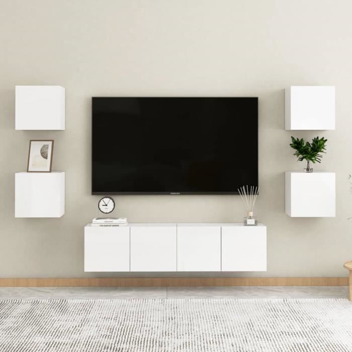 meuble tv mural - kimiss - blanc brillant - porte(s) - contemporain - design