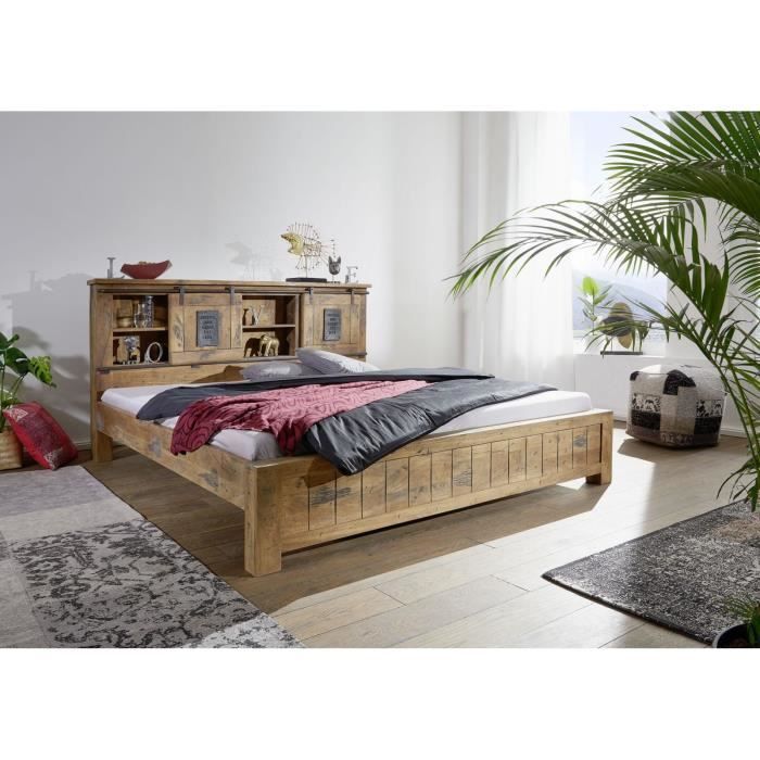 Stucture lit double 160x200cm - Bois massif de manguier laqué (Bois naturel) - RAILWAY 173