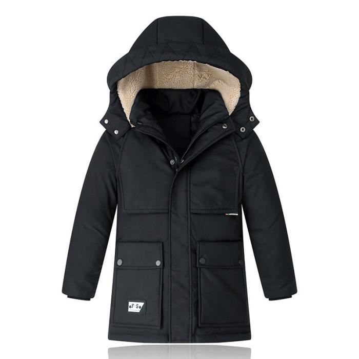 Manteau Capuche Mi Longue Enfant Garcon Hiver Veste Chaude Epaisse Couleur  Unie