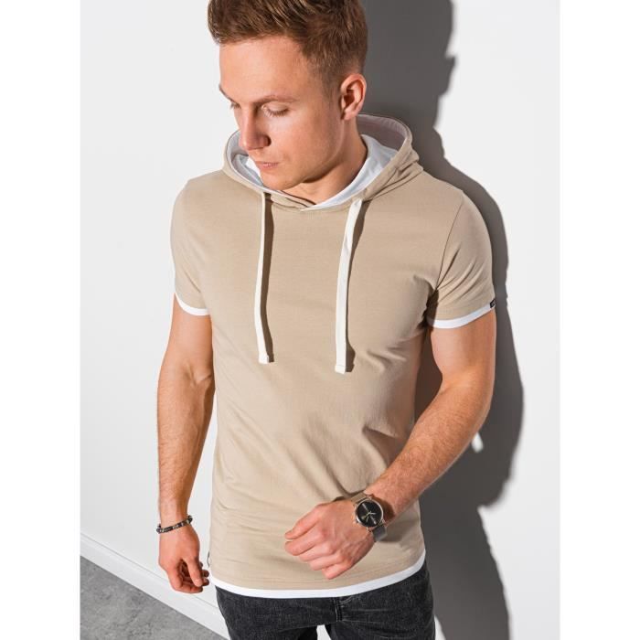 T shirt a manches courtes a capuche Ombre Pour Homme Beige Beige Cdiscount Pret a Porter