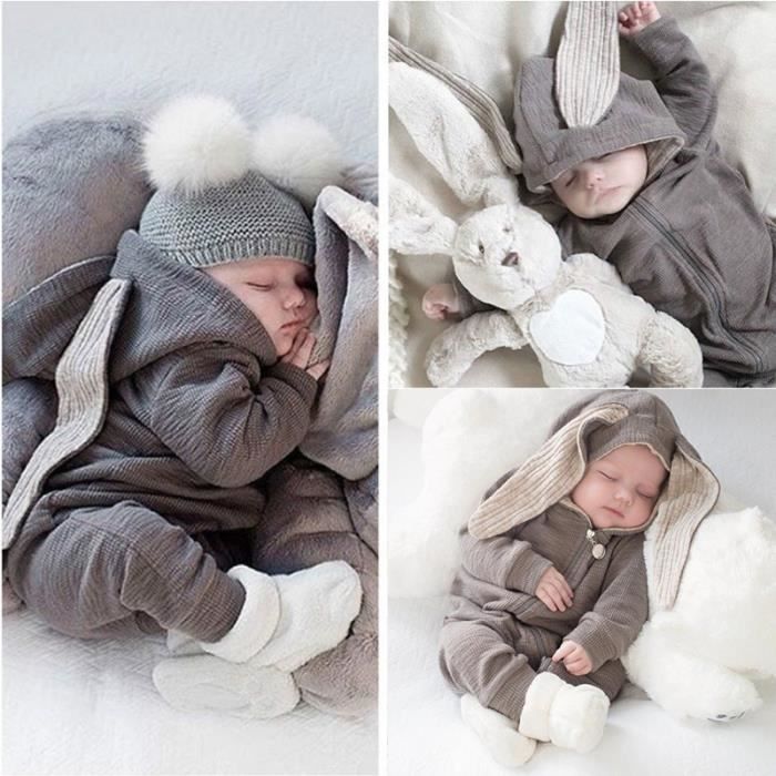 Bebe filles garcons lapin vetements nouveau ne fermeture eclair barboteuse a manches longues a capuche combinaisons couleur unie One gris Cdiscount Pret a Porter