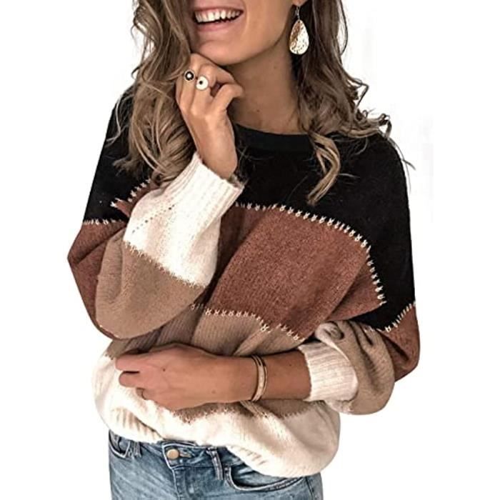 Pull Femme Chic Chaud Pas Cher Rayé Ample Mode Pullover Col Rond Hauts Manche Longue Pull Femme Hiver Pull Tricoté-Noir