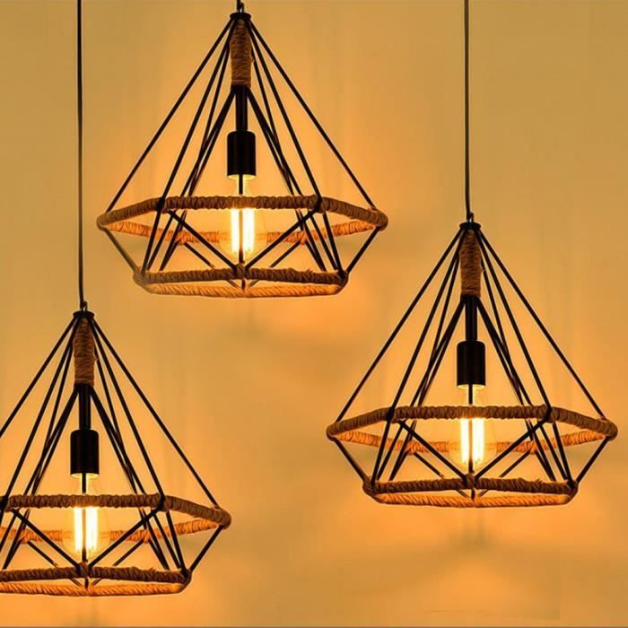 STOEX 1pcs E27 Lustre Suspension Industrielle forme Diamant Corde de chanvre 25cm Rétro Luminaire pour Salon Cuisine Bar