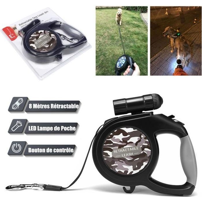 Meilleurs prix pour Laisse Large Chien 8M 50kg 9 LED Rétractable Nuit Poignée antidérapant Avec crochet Camouflage gris