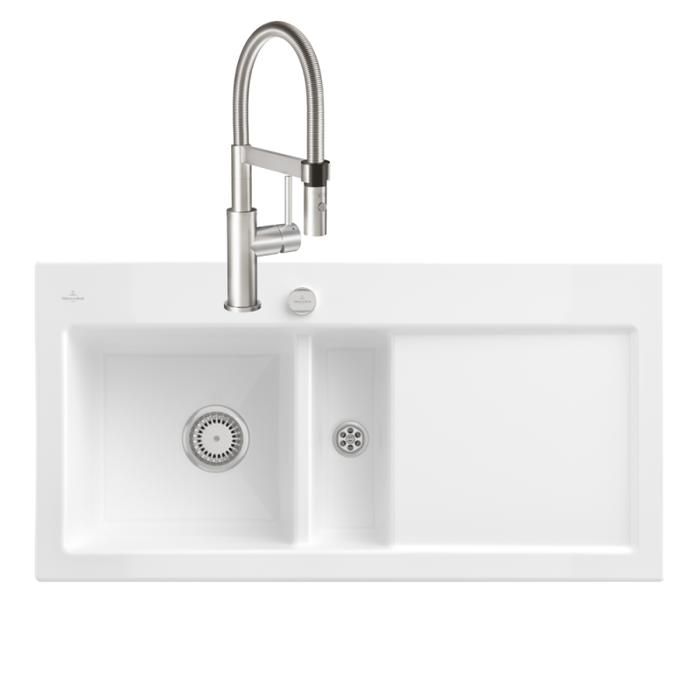 Evier VILLEROY ET BOCH Subway Pure 60 1 bac et demi égouttoir à droite vidage auto + Robinet Steel Expert Compact Acier Massif - vue 6