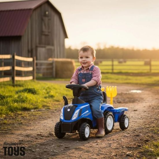 Voiture à Pousser New Holland Avec Licence - Pour Enfants Dès 12 Mois - Avec Pelle, Râteau, Sons Et Lumières - Charge 25 Kg