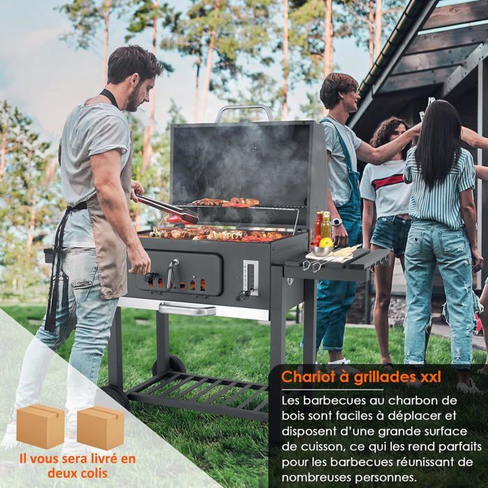 Barbecue Charbon De Bois TEENO XXL Avec Couvercle - Thermomètre, Gants, Cheminée, Fumoir Grand Modèle