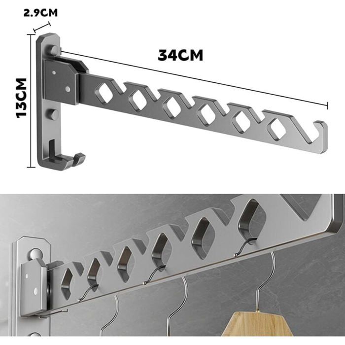 MEIJO Étendoir Mural Pliable – Support Séchage Linge Rotation 90°, Aluminium Robuste, 2 Pièces + Tige, Gain De Place Idéal Balcon Salle De Bain Buanderie (Noir)