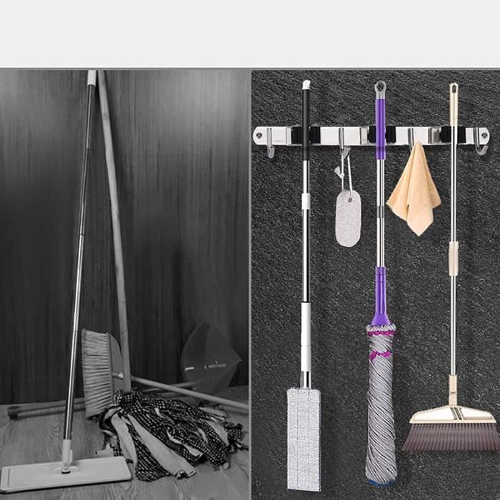 Porte-balais Mural En Acier Inoxydable - 2 Supports + 3 Crochets, Pour Outils De Jardin, Cuisine Ou Salle De Bain - 7