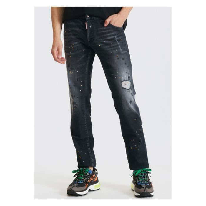 Jeans Dsquared Homme Coupe droite Noir dechire tache Noir Cdiscount Pret a Porter