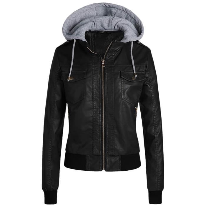 Veste en cuir slim pour femmes avec capuche amovible et fermeture eclair Perfecto Noir Noir Cdiscount Pret a Porter
