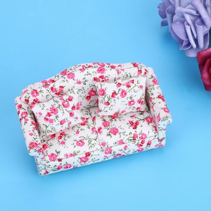 Canapé Miniature Pour Maison De Poupée 1/12 - Motif Fleurs, Tissu Et Bois, Pour Poupées 12 Pouces