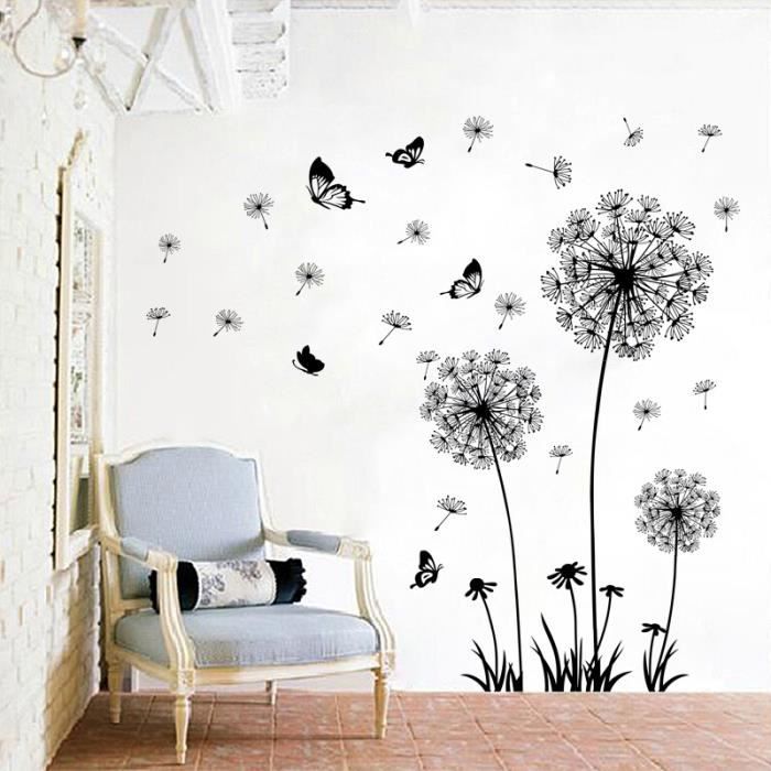 Autocollants muraux auto-adhésifs pissenlit romantique noir Papillon  Sticker mural chambre salon chambre - Cdiscount Maison