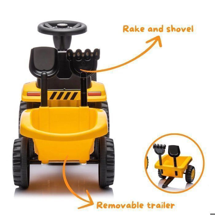 Porteur tracteur enfants avec remorque, râteau et pelle, tracteur à pédales 6 roues, charge 35 kg, pour 3+ ans, jaune Porteur tracteur enfants avec remorque, râteau et pelle, tracteur à pédales 6 roues, charge 35 kg, pour 3+ ans, jaune