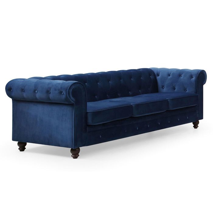 Canapé 3 Places Velours Bleu Canard - Style Capitonné Glams Avec Pieds Noir Et Doré | Salon Design Et Confortable