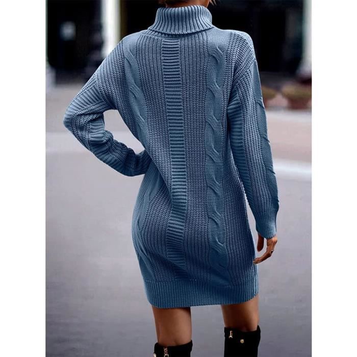 Pull Femme Robe Couleur Unie Manches Longues Pullover Col Roule Robe Tricote Automne Hiver Chandail Mini Robe noir bleu