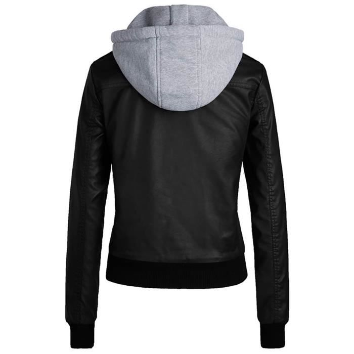 Veste en cuir slim pour femmes avec capuche amovible et fermeture eclair Perfecto Noir Noir Cdiscount Pret a Porter