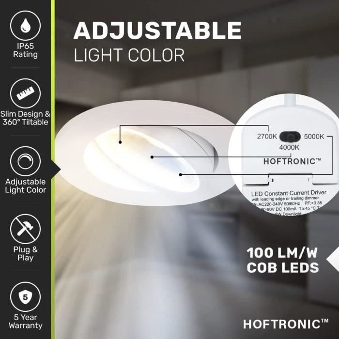 Lot de 6 Spot Encastrable LED Panel Extra-Plat 6W, Température de Couleur:  3 couleurs en 1 3200K-6500K