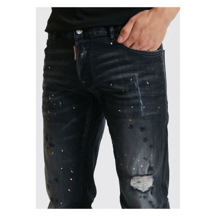 Jeans Dsquared Homme Coupe droite Noir dechire tache Noir Cdiscount Pret a Porter