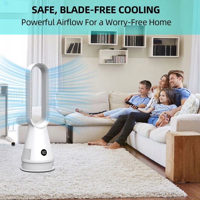 Ventilateur Colonne Sans Pale Silencieux 6 Vitesses - Ventilo Tour Avec Brumisateur Et Minuterie 12h Bleu