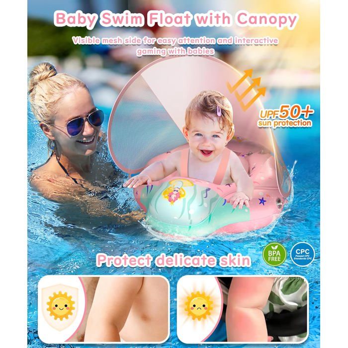 Flotteur Bébé Avec Auvent UPF50+, Siège Réglable Et Boule D'équilibre – 3 à 36 Mois, Rose, Taille L