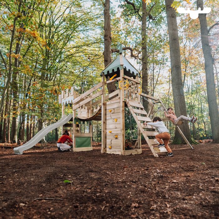 Aire De Jeux Château Fort En Bois XXL Avec Toboggan, Balançoire, Bac à Sable - FATMOOSE BoldBaron Boost - Pour Jardin Extérieur