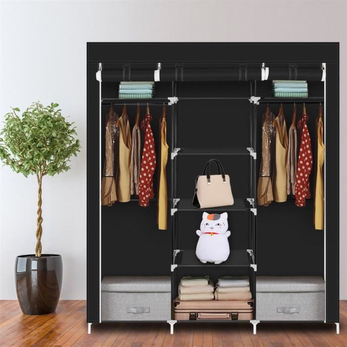 Armoire de rangement noire dressing Penderie XXL tissu avec Barre de