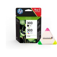 Multipack 2 cartouches d’encre HP 303 HP303 pour imprimante HP ENVY Inspire 7200 7220 7221 + un surligneur 3 couleurs PLEIN D'ENCRE