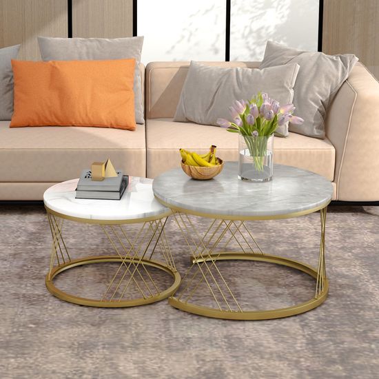 Tables Basses Gigognes Imitation Marbre - 2 Tailles (70x45cm Et 45x40cm), Structure Métal Doré/noir - Pour Salon Moderne - 11
