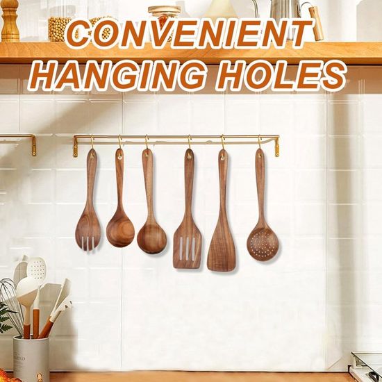 Set De 8 Ustensiles De Cuisine En Bois De Teck – Cuillères, Spatules, Fourchettes – Naturel, Antiadhésif, Résistant à La Chaleur