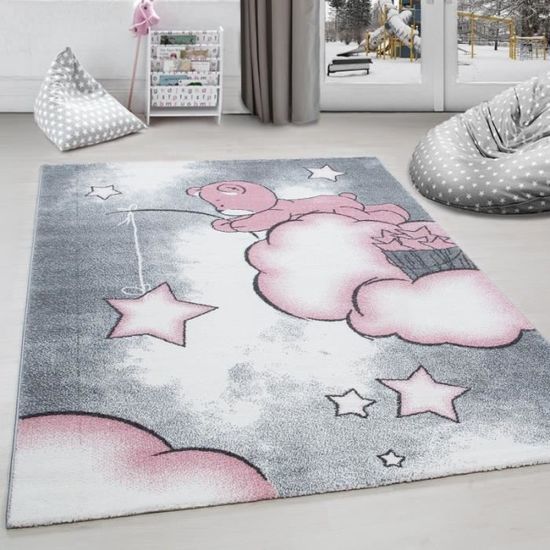 Tapis chambre d´enfant ours la pêche aux étoiles nuages  Gris-Blanc-Rose (120x170 cm)