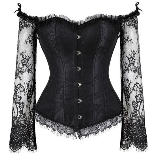Corset Top Bustier Femme à Manches Longues - Dentelle Florale Burlesque - Couleurs Rouge, Noir, Blanc - Taille S - En Polyester/élasthanne - Pour Soirée, Déguisement, Lingerie Sexy - 9