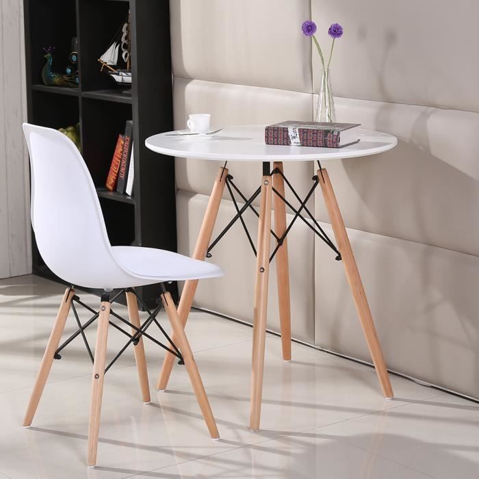 Table à manger ronde style scandinave-nature blanc laqué + pieds en bois hêtre massif - Ø 70 cm