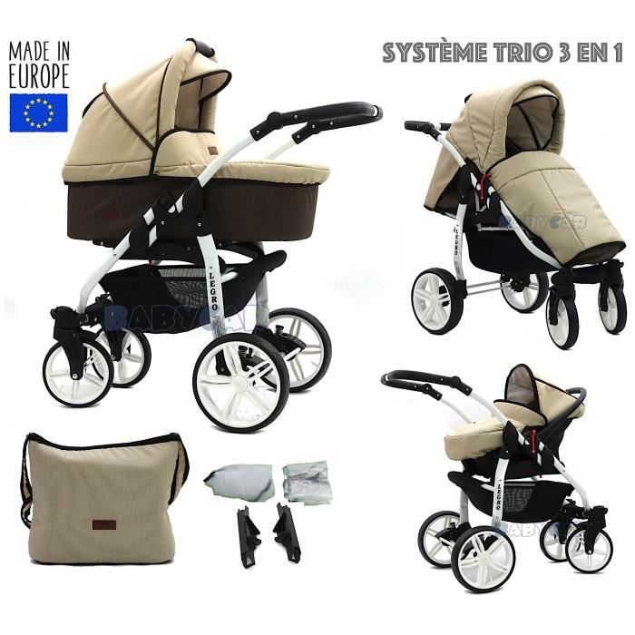 Brun-Beige LEGRO Trio Poussette - Landau 3en1 Combinée avec siège auto, ROUES PIVOTANTES - W