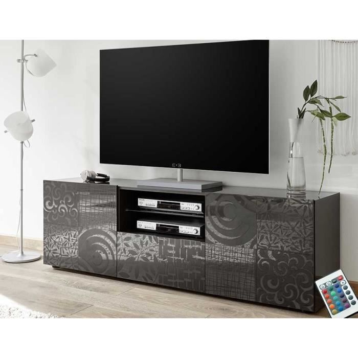 Grand meuble TV laqué anthracite design ELMA 2 Avec éclairage