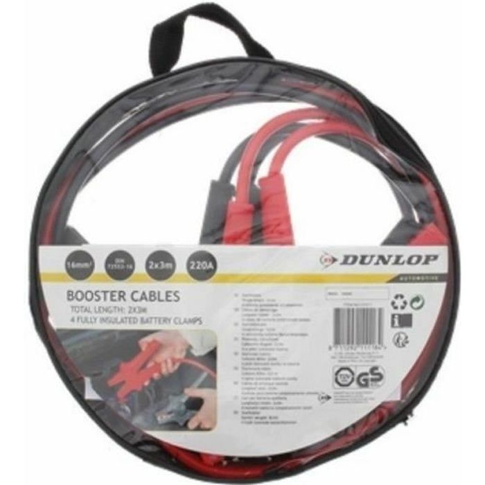PINCE DUNLOP CABLE ROUGE NOIR DE DEMARRAGE VOITURE BRANCHEMENT COSSE DE BATTERIE A BATTERIE DEPANNAGE DEMARAGE PRO 16MM 220A