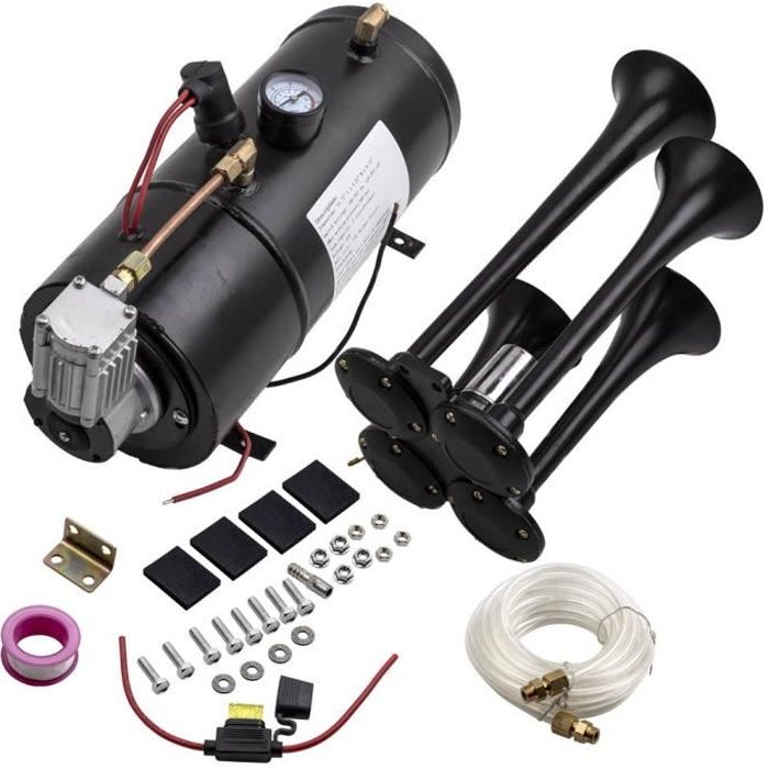 Kit 150 dB 150 PSI Black 4 Trompette Klaxon Air Horn 12V 24V Compresseur Camion