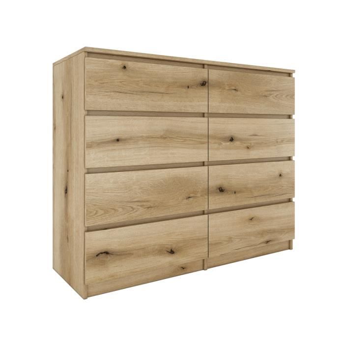 MILAN - Commode moderne grande 8 tiroirs chambre salon - Dimensions 97x120x40 - Design minimaliste - Meuble de rangement - Chêne