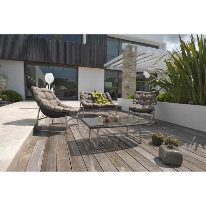 DCB GARDEN Salon Sidney 4 places en Inox et Résine Tressée - Marron
