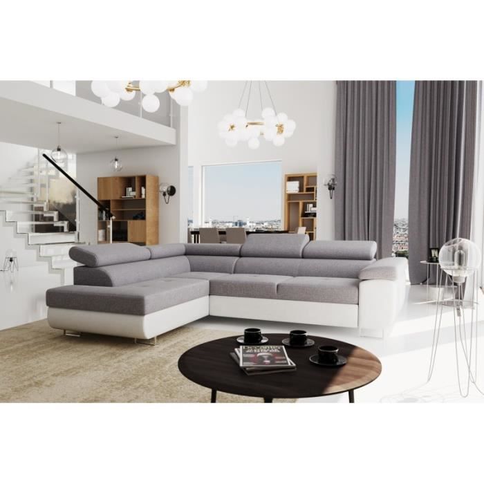 UTON - Canapé en angle gauche convertible et avec coffre de rangement gris et blanc
