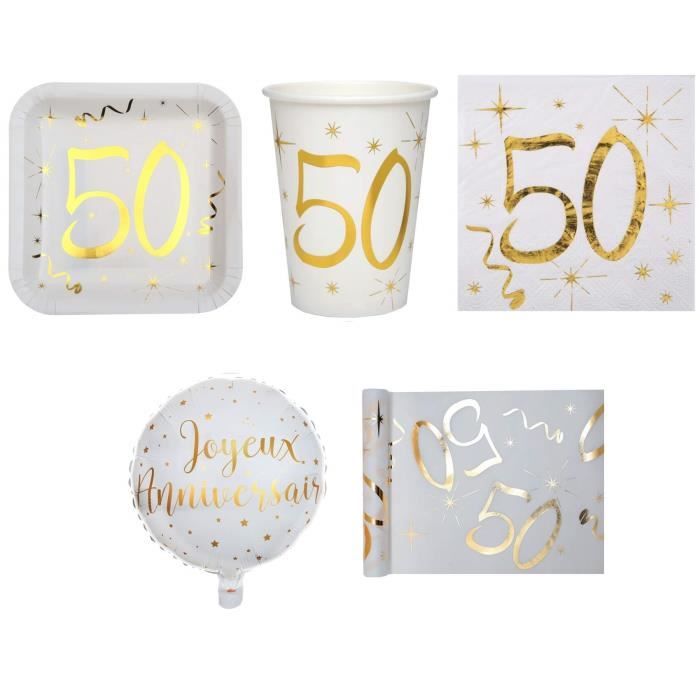 1 Pack anniversaire 50ans pour 10 personnes blanc et or