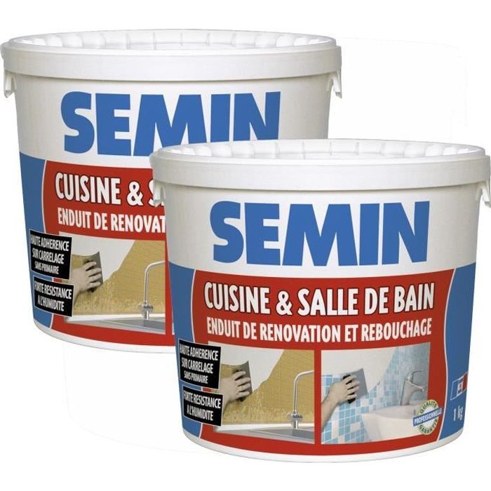Lot de 2 enduits de rebouchage et rénovation spécial cuisine et salle de bain Semin - adapté aux pièces humides - seau de 1 kg