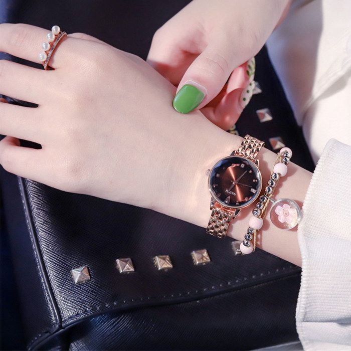 TD® Strass couple montre à quartz ensemble simple rétro littéraire ceinture en acier ultra-mince dames coffret cadeau