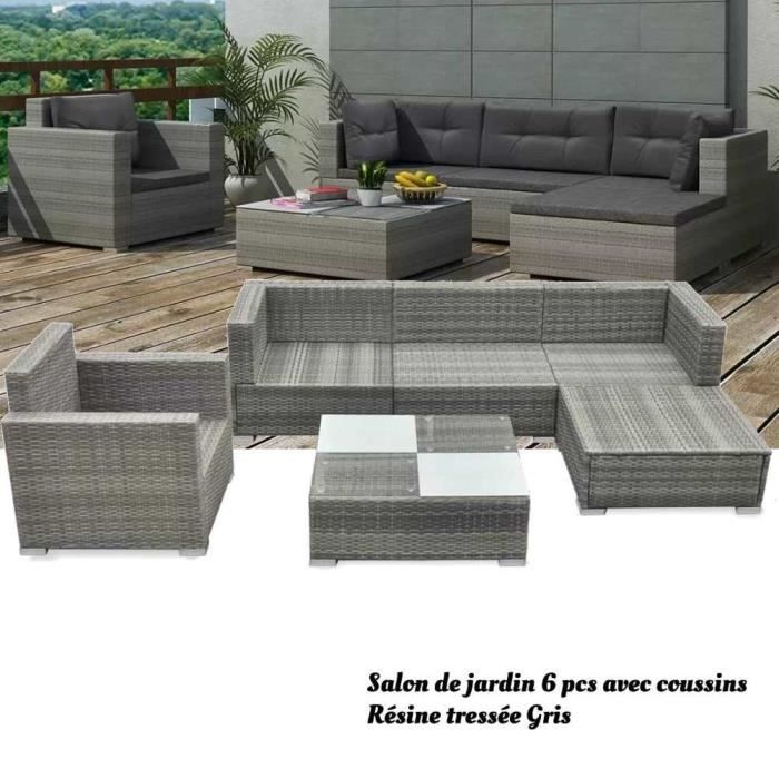 Salon de jardin 6 pcs Gris avec coussins en Résine tressée 100 % polyester 70 x 70 x 52,5 cm LAM17