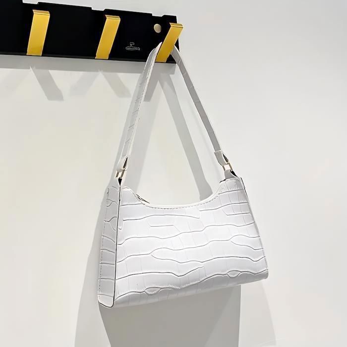 Sac à Main - Femme - Rectangle - Cuir - Blanc - Motif Crocodile - Bandoulière Non Amovible - 25 x 17 x 6 cm