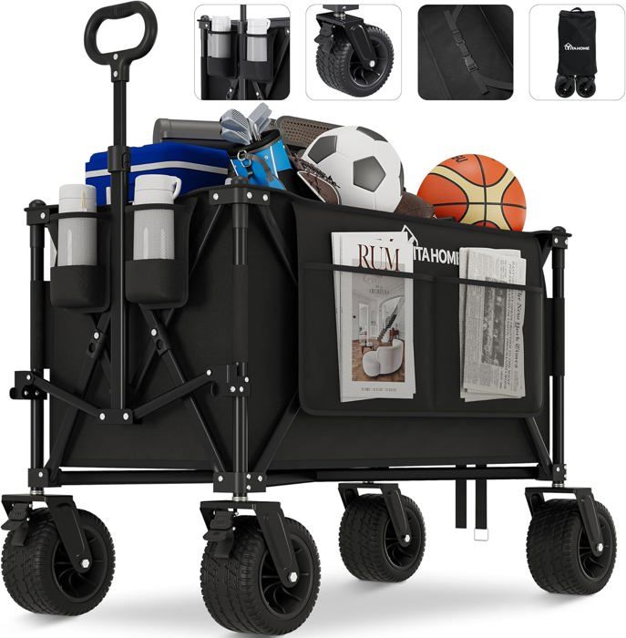 Chariot De Transport Pliable 130L - Capacité 100kg, Poignée Télescopique, Roues Pivotantes Avec Frein, Gris
