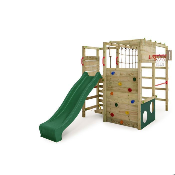 Aire de jeux bois FATMOOSE ActionArena Air XXL vert avec toboggan et mur d’escalade panier basket – 10 ans de garantie*