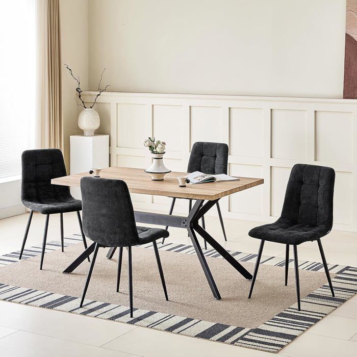 Ensemble salle à manger - WAFTING - 4 places - Table rect. 140x80x73 cm - Grain hêtre clair - Chaises lin noires